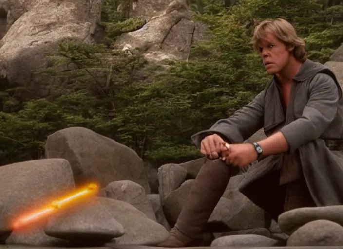 Image similar to screenshot of Luke Skywalker using the force to make rocks float around him, sitting outside on the rocky jedi temple, famous scene from the last jedi, 1980s film directed by Stanley Kubrick cinematic lighting, kodak, moody cinematography, with anamorphic lenses, crisp, detailed portrait, 4k image