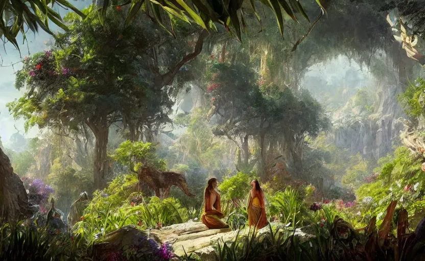 Prompt: A painting of the Garden of Eden trending on artstation in the style of Greg Rutkowski
