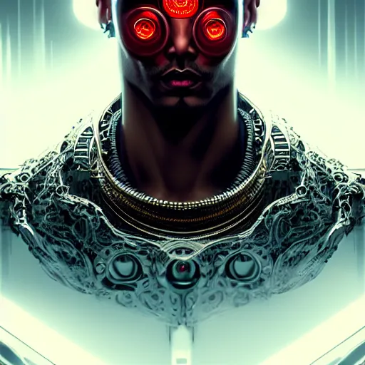 Image similar to man with extremely large and intricate haircut with angry red eyes and slim features looking askance, eye cyberpunk bionics, retro futurist style, intricate, elegant gleaming intricate baroque jewelry, angelic halo, highly detailed, digital painting, artstation, concept art, smooth, sharp focus, illustration, art by wlop, mars ravelo and greg rutkowski,