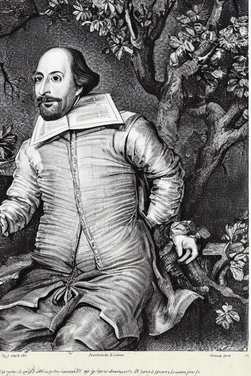 Image similar to shakespeare sitting beneath a shade tree with a big pile of crumpled parchment behind him