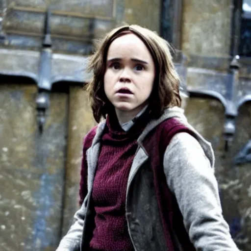 Image similar to Photo of Ellen Page as Hermonie Granger in Harry Potter, grimdark