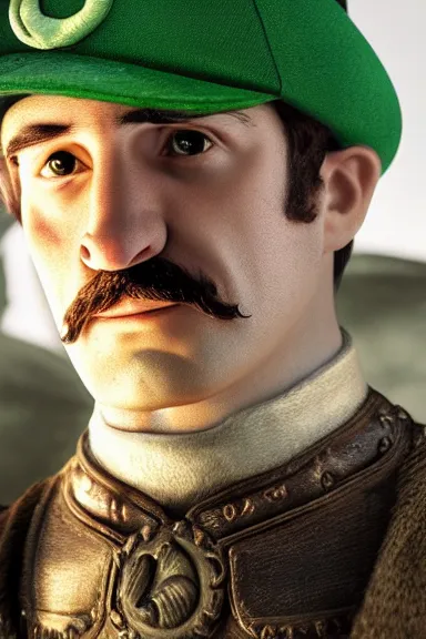 Image similar to very very intricate photorealistic photo of a realistic human version of luigi wearing his hat in an episode of game of thrones, photo is in focus with detailed atmospheric lighting, award - winning details