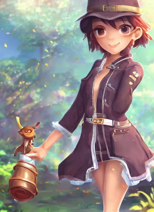 Image similar to female explorer mini cute girl, adoptable, highly detailed, rendered, ray - tracing, cgi animated, 3 d demo reel avatar, style of maple story and aura kingdom, maple story indiana jones, dark skin, cool clothes, soft shade, soft lighting, portrait pose