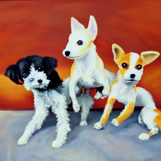 Prompt: 3 toy fox terriers flying a biplane, dog faces alert, beautiful painting, dappled fur pattern, style of tin tin