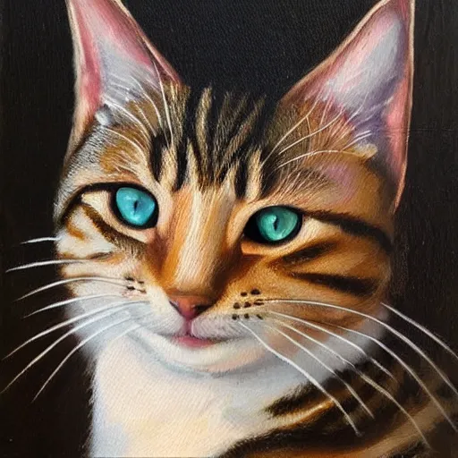 Prompt: tabby cat in front of a dark background, oil paining, highly realistic, romantic style