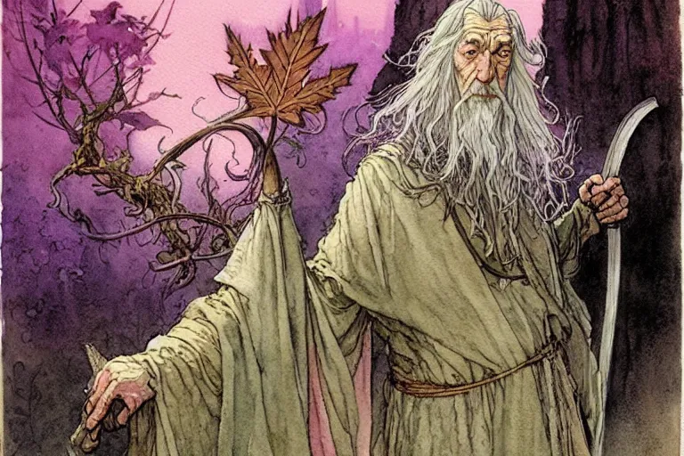 Image similar to a realistic and atmospheric watercolour fantasy character concept art portrait of gandalf with pink eyes freaking out with a pot leaf nearby, by rebecca guay, michael kaluta, charles vess and jean moebius giraud