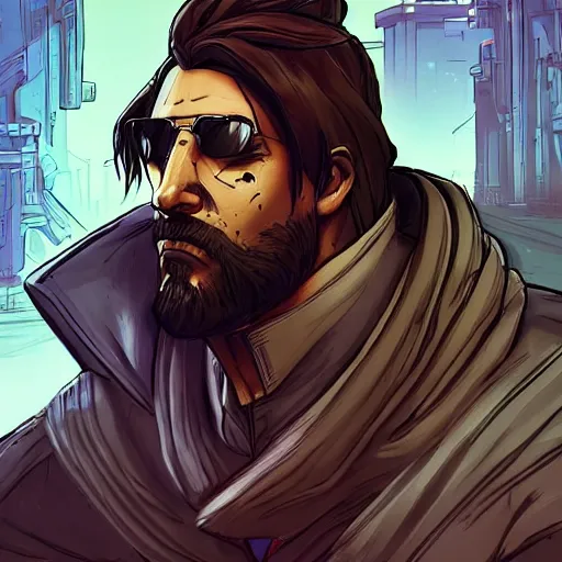 Image similar to concept art character, very high angle view, book cover, very attractive man with beard, walking in cyberpunk valley highly detailed full body, strong masculine features, sturdy body, command presence, royalty, smooth, sharp focus, organic, appealing, book cover, deep shadows, borderlands 3 style, extremely fine inking lines