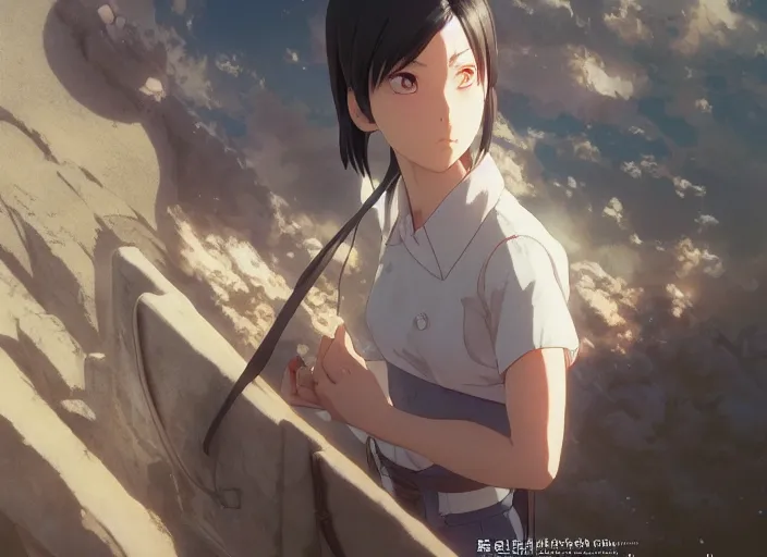 Image similar to a 3 d film animation still portrait of a 2 0 6 0's manga heroine, finely detailed features, sun light, painted by greg rutkowski, akira toriyama studio ghibli