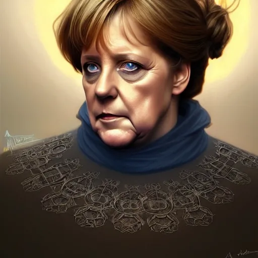 Image similar to Portrait of Angela Merkel with beard, D&D, blue eyes, face, !dark fantasy!, intricate, elegant, highly detailed, digital painting, artstation, concept art, smooth, sharp focus, illustration, art by artgerm and greg rutkowski and alphonse mucha