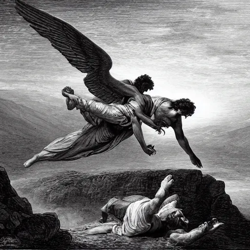 Image similar to A biblical painting of Jacob suplexing an angel at the top of a mountain by Gustave Doré, black and white palette, Scenic, Dramatic, beautiful shore in background, detailed, suplex, wrestling