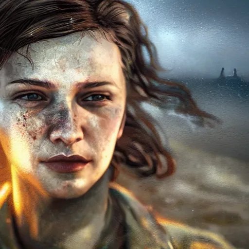 Image similar to fallout 5, charismatic beautiful rugged brunette female protagonist, portrait, outdoors coastal area with a marooned fishing boat, atmospheric lighting, painted, intricate, volumetric lighting, beautiful, daytime, sunny weather, slight overcast, sharp focus, deep colours, ultra detailed, by leesha hannigan, ross tran, thierry doizon, kai carpenter, ignacio fernandez rios