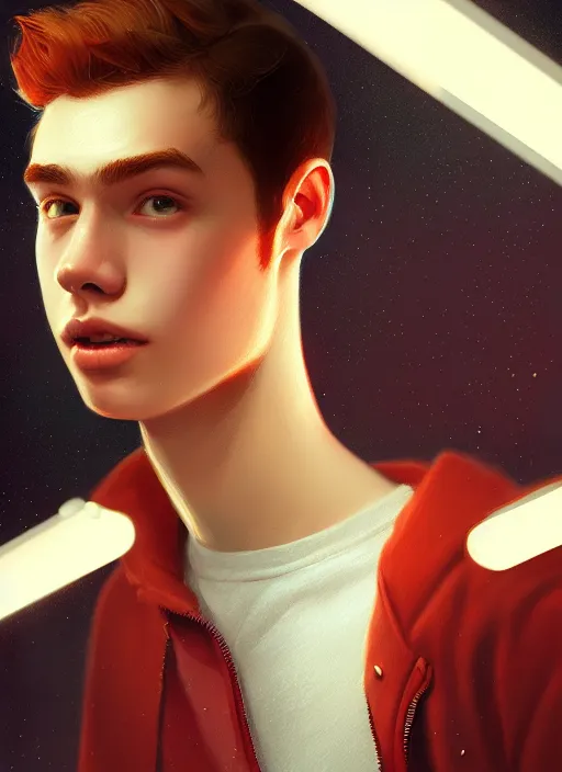 Image similar to portrait of teenage archie andrews, freckles, intricate, elegant, glowing lights, highly detailed, digital painting, artstation, concept art, smooth, sharp focus, illustration, art by wlop, mars ravelo and greg rutkowski