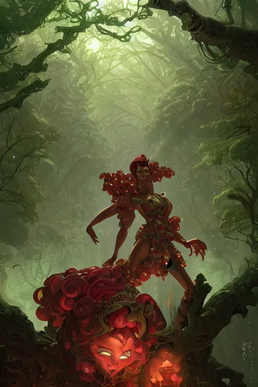 Prompt: malachite and ruby golem in a dark forest, cloudy sky, fantasy, intricate, elegant, highly detailed, traditional painting, acrylic painting, artstation, concept art, matte, sharp focus, illustration, hearthstone, art by artgerm and greg rutkowski and alphonse mucha and alex ross