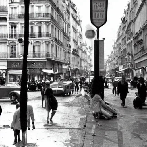 Prompt: a busy street on paris in 1 9 6 0