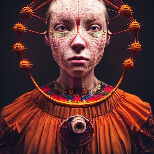 Image similar to Colour aesthetic Caravaggio style full body Photography of Highly detailed beautiful Woman with 1000 year detailed face and wearing detailed Ukrainian folk costume also wearing highly detailed retrofuturistic sci-fi Neural interface designed by Hiromasa Ogura . Many details In style of Josan Gonzalez and Mike Winkelmann and andgreg rutkowski and alphonse muchaand and Caspar David Friedrich and Stephen Hickman and James Gurney and Hiromasa Ogura. Rendered in Blender and Octane Render volumetric natural light