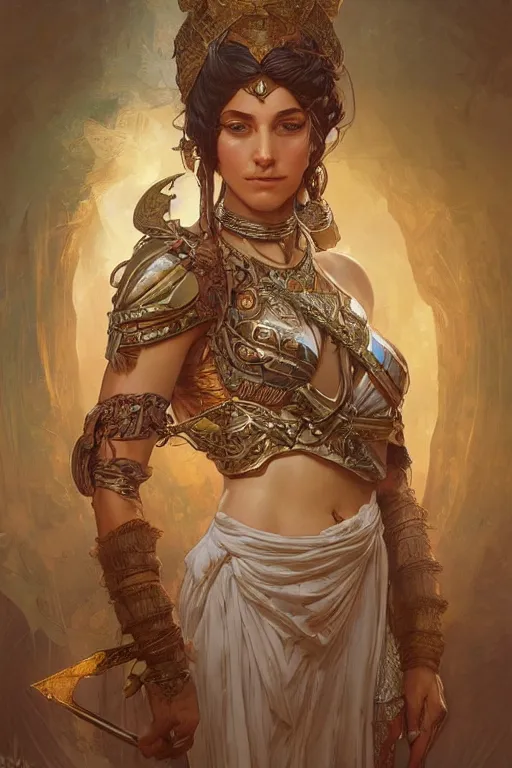 Prompt: a portrait of a anthropomorphic an ancient mesopotamia warrior goddess, D&D, fantasy, intricate, highly detailed, digital painting, artstation, concept art, smooth, sharp focus, illustration, art by artgerm and greg rutkowski and alphonse mucha