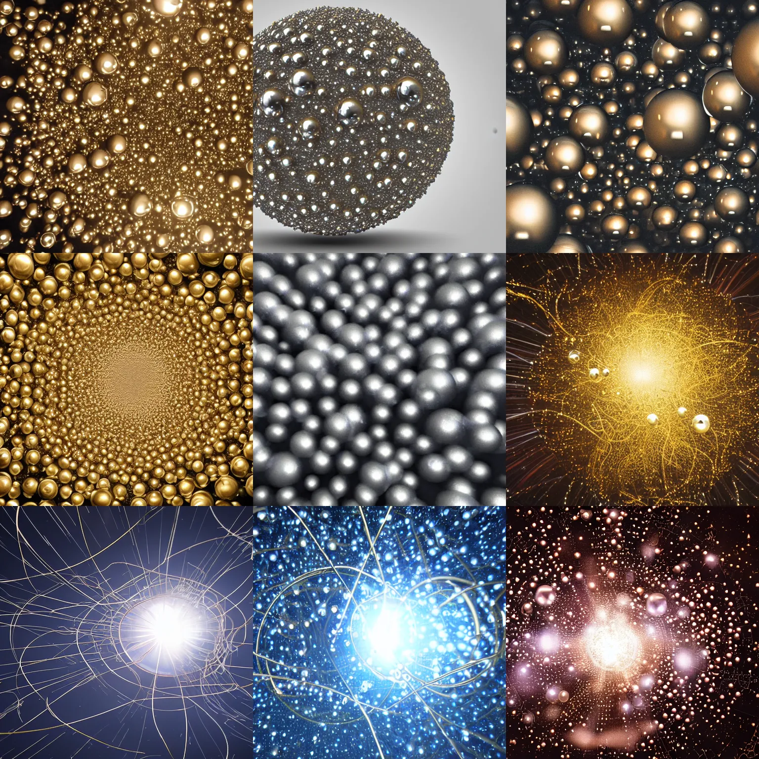 Prompt: maelstrom of cluster of metallic spheres, arcing between spheres