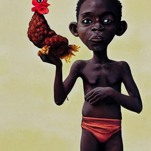 Image similar to an african boy holding a chicken from the movie tank girl, afrofuturism, by jamie hewlett and sawoozer and roger ballen,