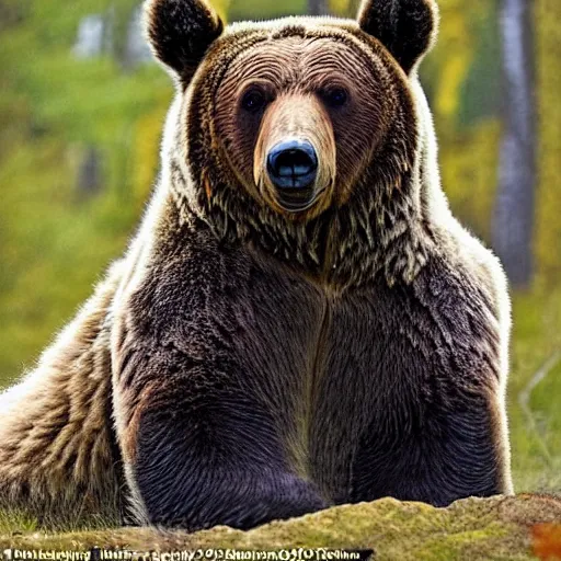 Prompt: a fantasy hybrid creature that has the body of a grizzly bear and the head of an owl, nature photography