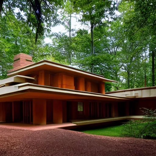 Image similar to house designed by frank lloyd wright, forest