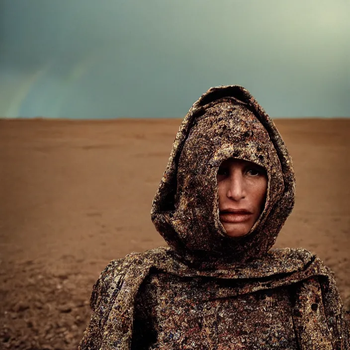 Prompt: closeup portrait of a woman with a hood made of nails and rainbows, standing in a desolate apocalyptic landscape, by Annie Leibovitz and Steve McCurry, natural light, detailed face, CANON Eos C300, ƒ1.8, 35mm, 8K, medium-format print