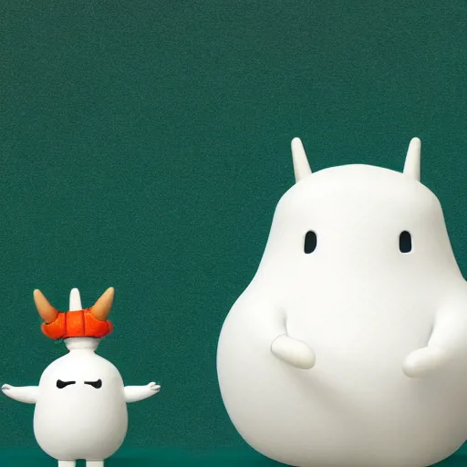 Image similar to a big head Moomin, two tiny horns, 3D art, Finnish green, Baymax style, sweetness, technology, futurism, kawaii, Marina Dieul, Monchhich, Kristina Shablina, 8K