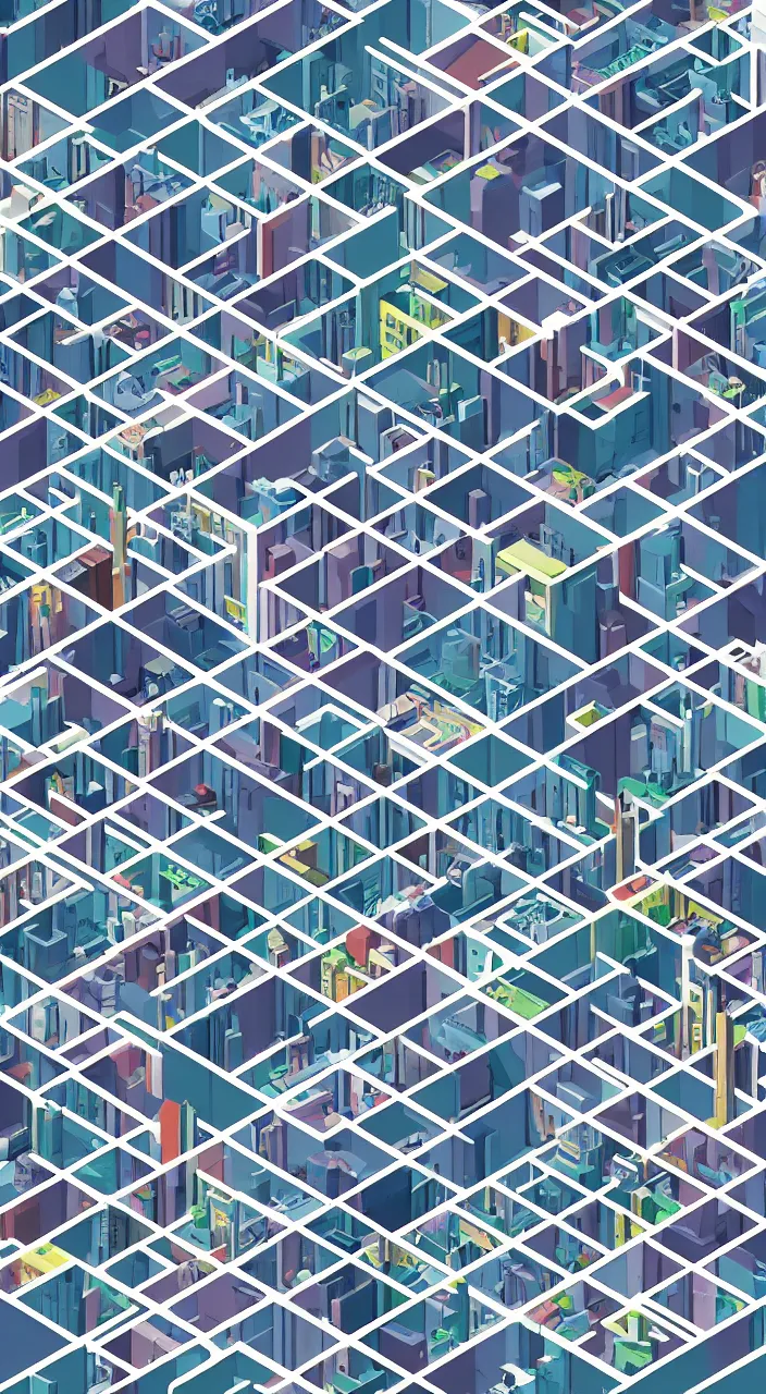 Image similar to isometric drawing of a fictional dense city, in style of charles williams, rem koolhaas, peter eisenman, cool color palette