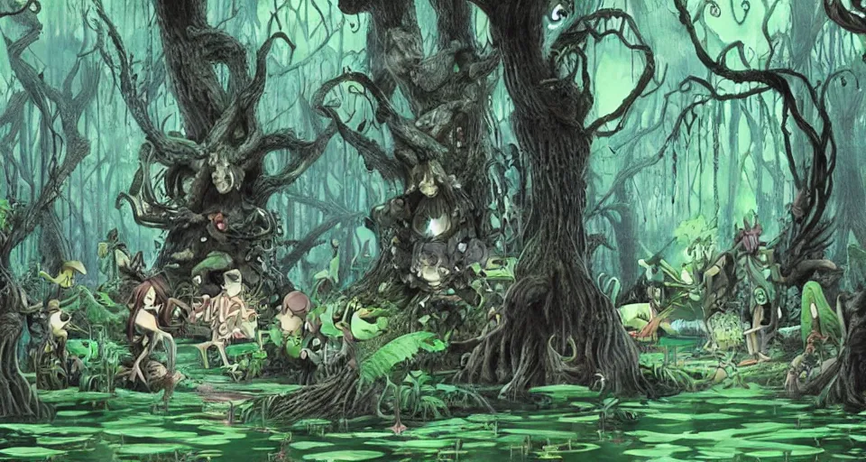 Image similar to A dense and dark enchanted forest with a swamp, from One piece