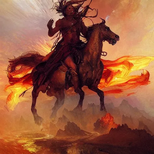 Prompt: a beautifull painting of the four horsemen of the apocalypse, riding from hell, fiery hell in the background, fear, anger, chaos, verry high details by william turner art, greg rutkowski and alphonse mucha, trending on artstation, very very detailed, masterpiece, vibrant colors