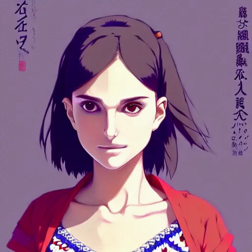 Image similar to a beautiful! boyish! natalie portman alluring gravure! model, wearing japanese school girl outfit with mayan pattern and native style, aztec street fashion, gapmoe yandere grimdark, trending on pixiv fanbox, painted by greg rutkowski makoto shinkai takashi takeuchi studio ghibli, akihiko yoshida