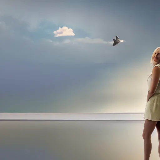 Image similar to a hyper realistic image of a very beautiful blond girl standing near a window, she is facing the camera, a Beluga is swimming in the sky