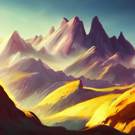 Prompt: mountain landscape, craggy mountains, panoramic, painting, color palette, beautiful sky, sharp peaks, soft foothills, artstation award, highly detailed