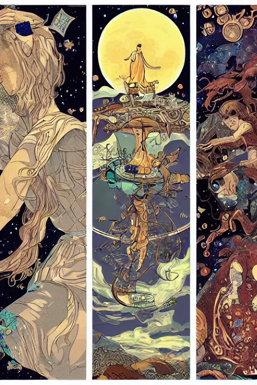 Prompt: the moon, tarot card, satoshi kon, ethereal, glossy, laurie greasley, unconscious, illusions, intuition