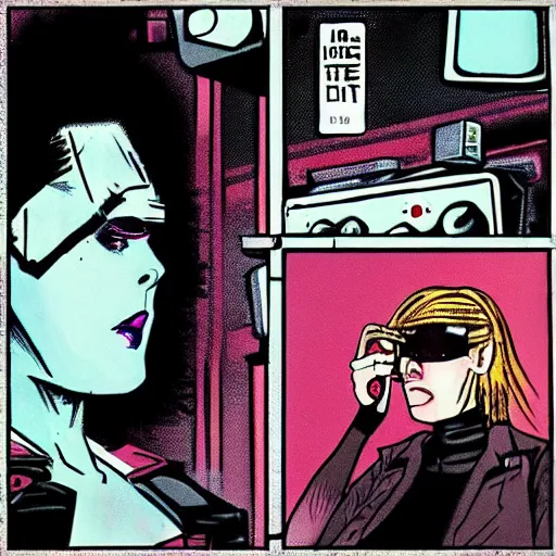 Prompt: “surreal cyberpunk comic book illustration of a punk sitting in booth smoking watching a 1970s tv with a beautiful female cyborg commander on the screen in dystopian dive bar, cybercore, fine detail”