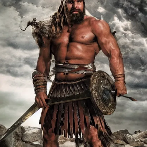 Prompt: tall barbarian with rippling muscles holding a great sword, grimacing, in the middle of a war.
