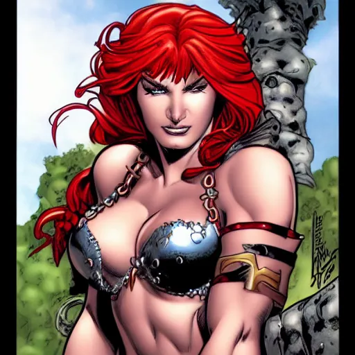 Image similar to Red Sonja portrait by J. Scott Campbell, sly smile. Rule of thirds.