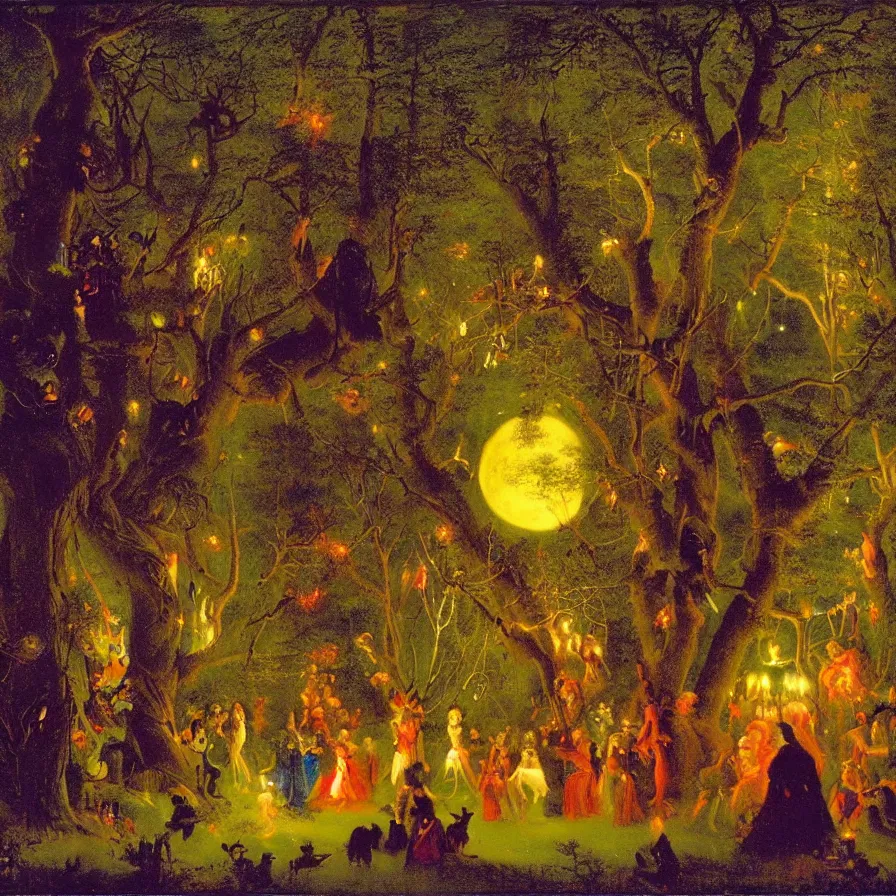 Prompt: a night carnival around a magical tree cavity, with a surreal orange moonlight and fireworks in the background, next to a lake with iridiscent water, christmas lights, folklore animals and people disguised as fantastic creatures in a magical forest by summer night, masterpiece painted by paul delaroche, dark night environment