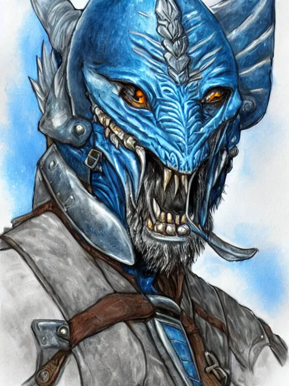 Image similar to art portrait of blue Dragonborn pirate, leather armour, by Larry Elmore ,trending on DeviantArt,face enhance,minimalist, dungeons and dragons,full of colour,