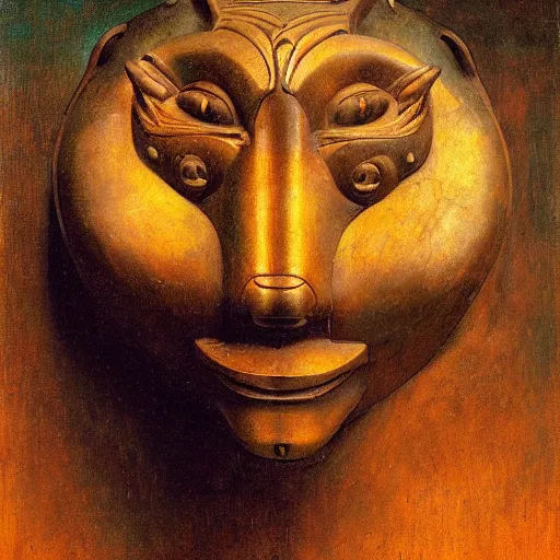 Prompt: masterpiece painting of an ancient bronze sculpture of a mechanical cat head, by annie swynnerton and diego rivera and nicholas roerich and jean delville and charlie bowater, symbolist, dramatic lighting, god rays, elaborate geometric ornament, art brut, rich colors, smooth sharp focus, extremely detailed, adolf wolfli