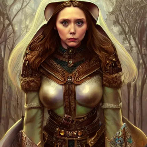 Prompt: Elizabeth Olsen as a elf archer, cute, fantasy, intricate, elegant, highly detailed, centered, digital painting, artstation, concept art, smooth, sharp focus, illustration, art by artgerm and H R Giger and alphonse mucha