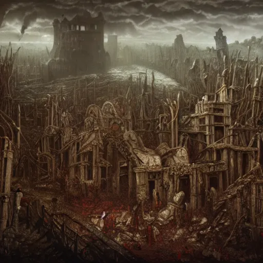 Image similar to an ominous nightmare of a river of blood spreading death and tarnation over a tarninshed graveyard in ruins, gothic, castelvania, decay and destruction, by stephen gammel, franz sedlacek, gustave dore, fromsoftware, matte painting, super wide angle, aerial photography, trending on artstation, epic masterpiece,