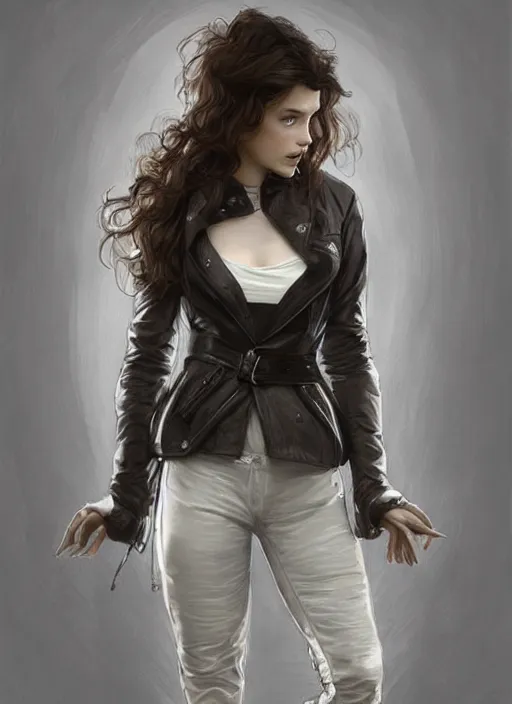 Image similar to girl in very short white! top and very short gray! leather jacket, open belly, long dark curly hair, high waist sweatpants, intricate, elegant, highly detailed, digital painting, artstation, concept art, smooth, illustration, art by artgerm and greg rutkowski and alphonse mucha