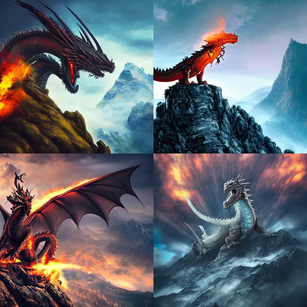 Prompt: A dragon on the top of a mountain and breathing fire, epic composition, detailed and intricate image, cinematic,