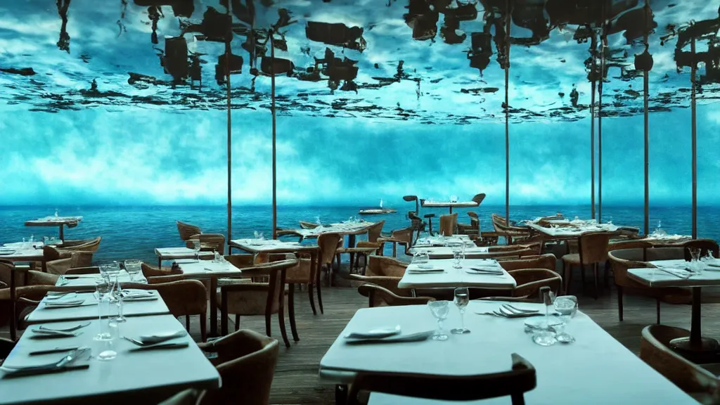 Image similar to restaurant where it looks like your walking on water, film still from the movie directed by Denis Villeneuve with art direction by Salvador Dalí, wide lens