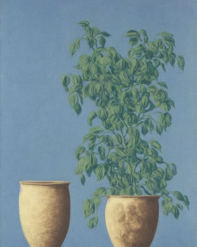 Image similar to achingly beautiful print of solitary painted ancient greek vase on baby blue background by rene magritte, monet, and turner. symmetrical, shaded.