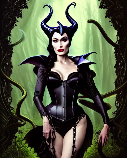 Image similar to new art nouveau portrait of fantasy succubus maleficent megan fox wearing a leather corset in a magical forest, anna dittmann, moebius, wlop, artgerm, patrick nagle, charlie bowater and loish. long windblown hair, ultrasharp focus, dramatic lighting, barbwire vine arches, photorealistic digital matte painting, intricate.