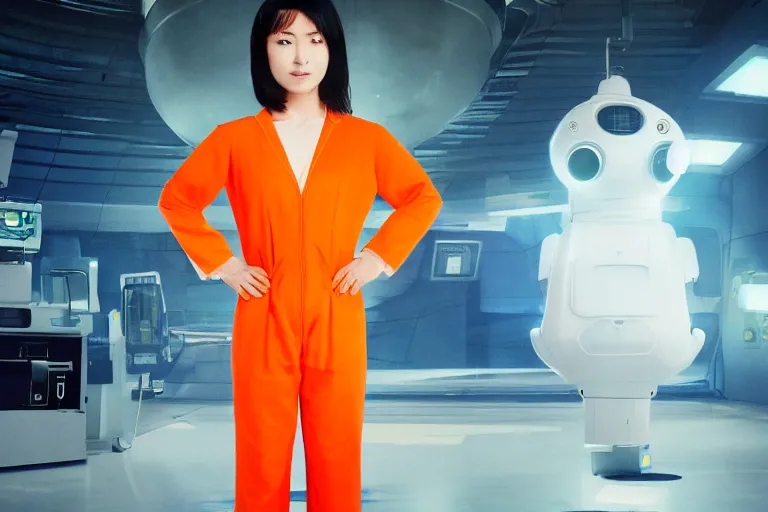 Image similar to an 8 k photograph depicting haruka abe wearing an orange prison jumpsuit. behind her a blue holographic face hangs in the air, dominating the background scene. futuristic medical equipment surrounds haruka abe. cinematic lighting, soft focus, panavision camera, sci fi, futuristic,