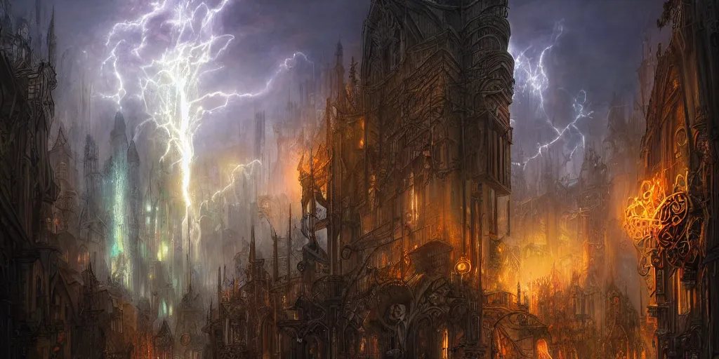Prompt: a view from the otherworldly gothic streets of the planescape city of sigil, tony diterlizzi and brom's beautiful painting, digital art, volumetric lightning, intricate details, by art germ, by greg rutkowski, vibrant colors, amazing fantasy art, clear sharp image, dehazed image