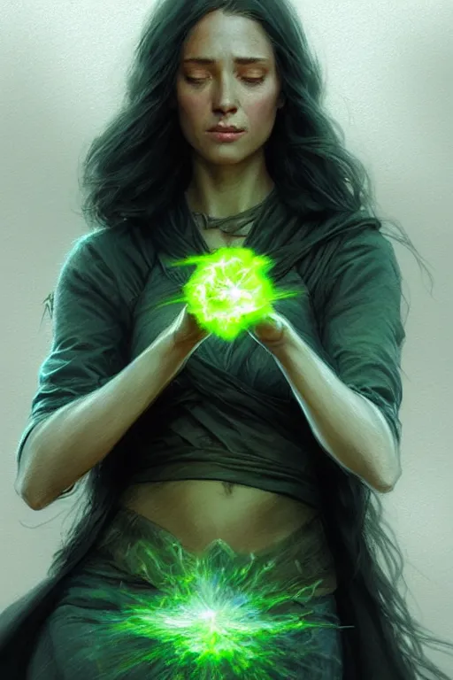 Prompt: a female wizard casting a green fireball | | pencil sketch, realistic shaded, fine details, realistic shaded lighting poster by greg rutkowski, magali villeneuve, artgerm, jeremy lipkin and michael garmash and rob rey