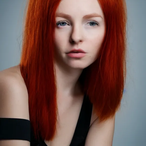 Image similar to portrait of a plain looking young white female model red hair and uneven skintone and a round shaped face